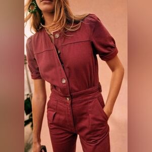 SEZANE * Lucia Vergara: Lucia  Button Up Cinched Jumpsuit In Burgundy, Size 2